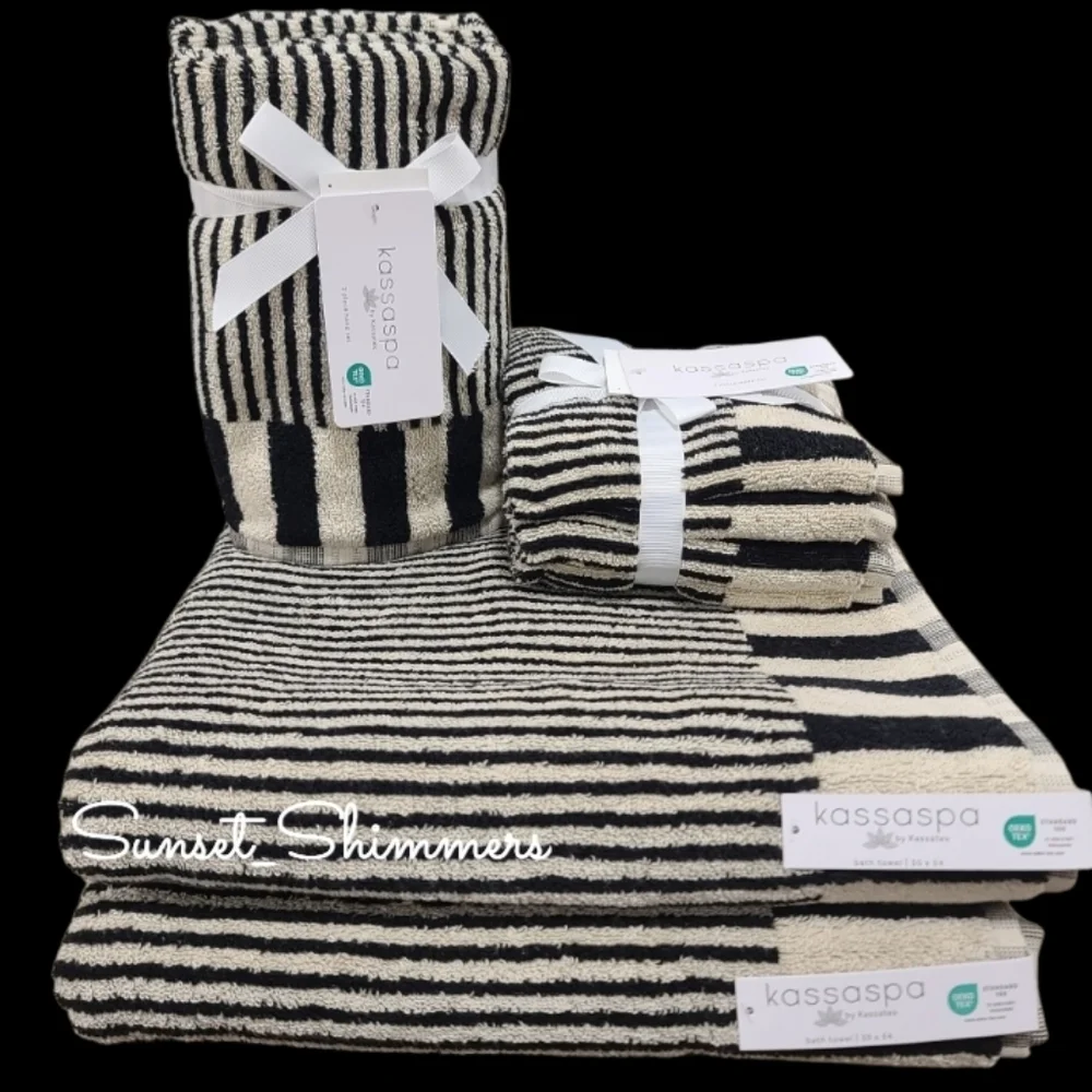 8pc Kassa Spa Tan & Black Stripe Plush Bath Hand Washcloth Towel Set 100% Cotton